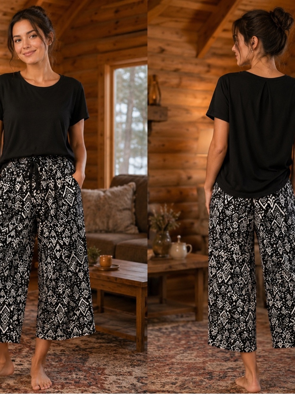 Cuddl Duds Women's Black & White Printed Wide-Leg Lounge Pants Set